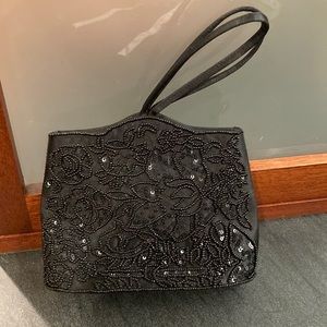 Small Black Satin Beaded Evening Purse with mirror